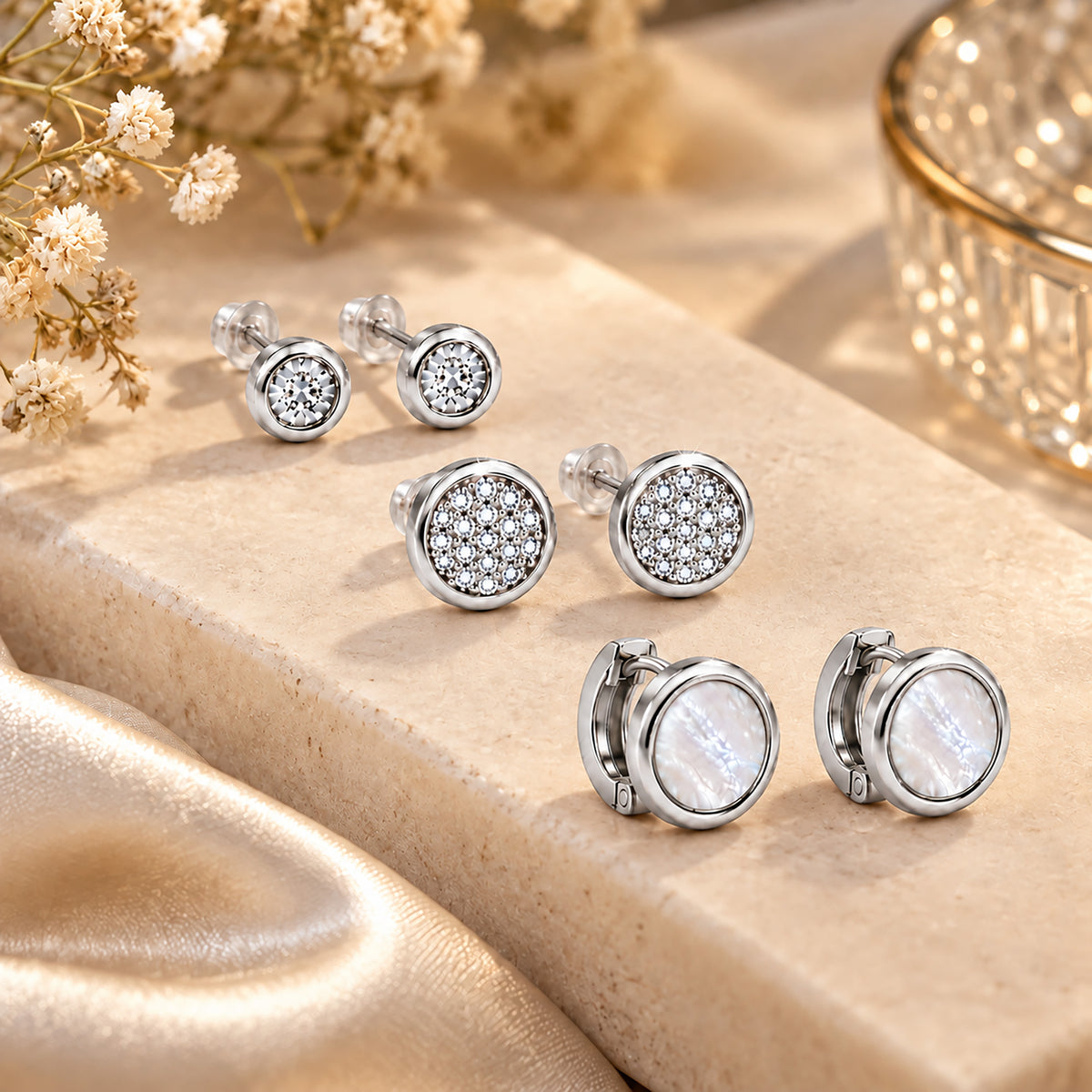 Moon Dust Silver Plated CZ  Small Earring Stack Stud Combo of 3 for Women (MD_104_S)