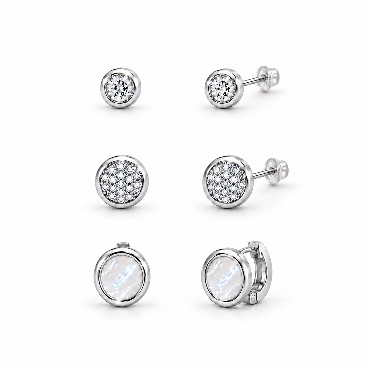 Moon Dust Silver Plated CZ  Small Earring Stack Stud Combo of 3 for Women (MD_104_S)