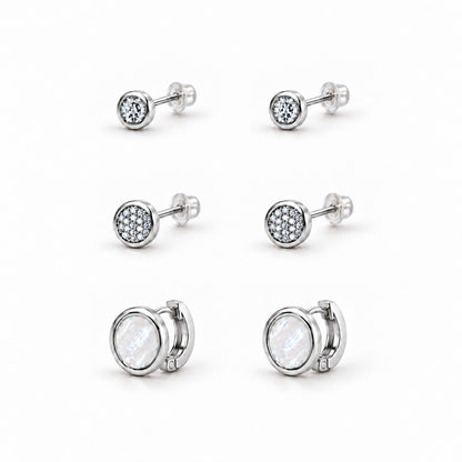 Moon Dust Silver Plated CZ  Small Earring Stack Stud Combo of 3 for Women (MD_104_S)