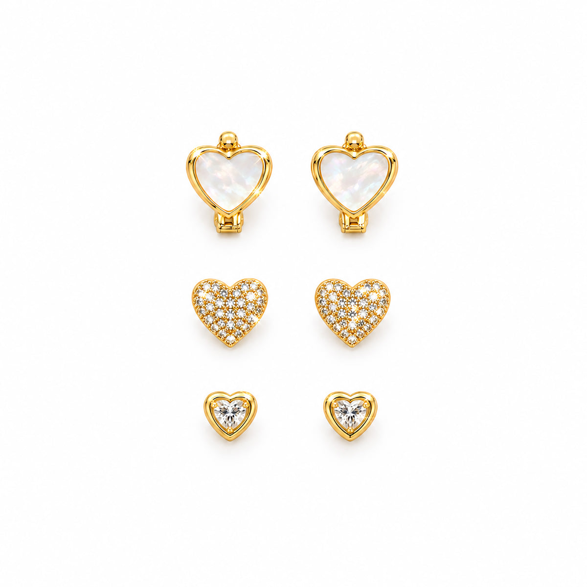 Moon Dust Gold Plated CZ  Heart Earring Stack Stud Combo of 3 for Women (MD_105_G)