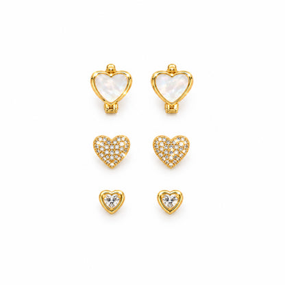 Moon Dust Gold Plated CZ  Heart Earring Stack Stud Combo of 3 for Women (MD_105_G)