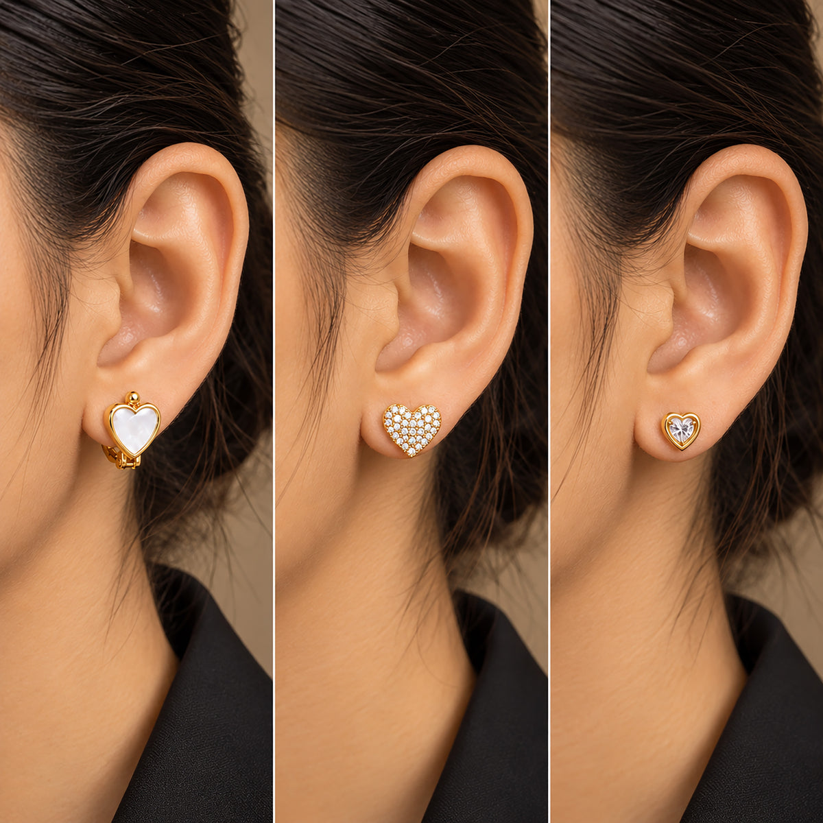 Moon Dust Gold Plated CZ  Heart Earring Stack Stud Combo of 3 for Women (MD_105_G)
