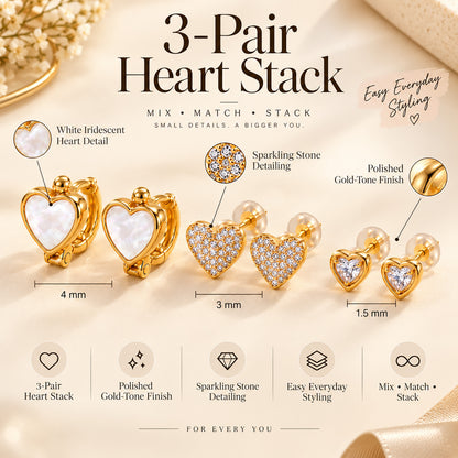 Moon Dust Gold Plated CZ  Heart Earring Stack Stud Combo of 3 for Women (MD_105_G)