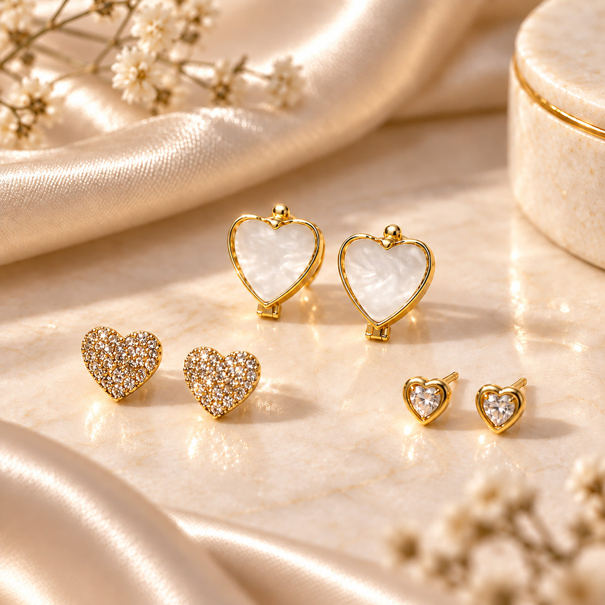 Moon Dust Gold Plated CZ  Heart Earring Stack Stud Combo of 3 for Women (MD_105_G)