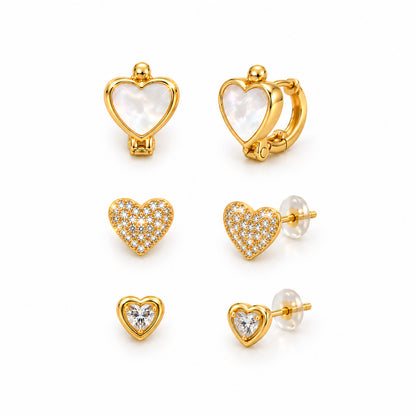 Moon Dust Gold Plated CZ  Heart Earring Stack Stud Combo of 3 for Women (MD_105_G)