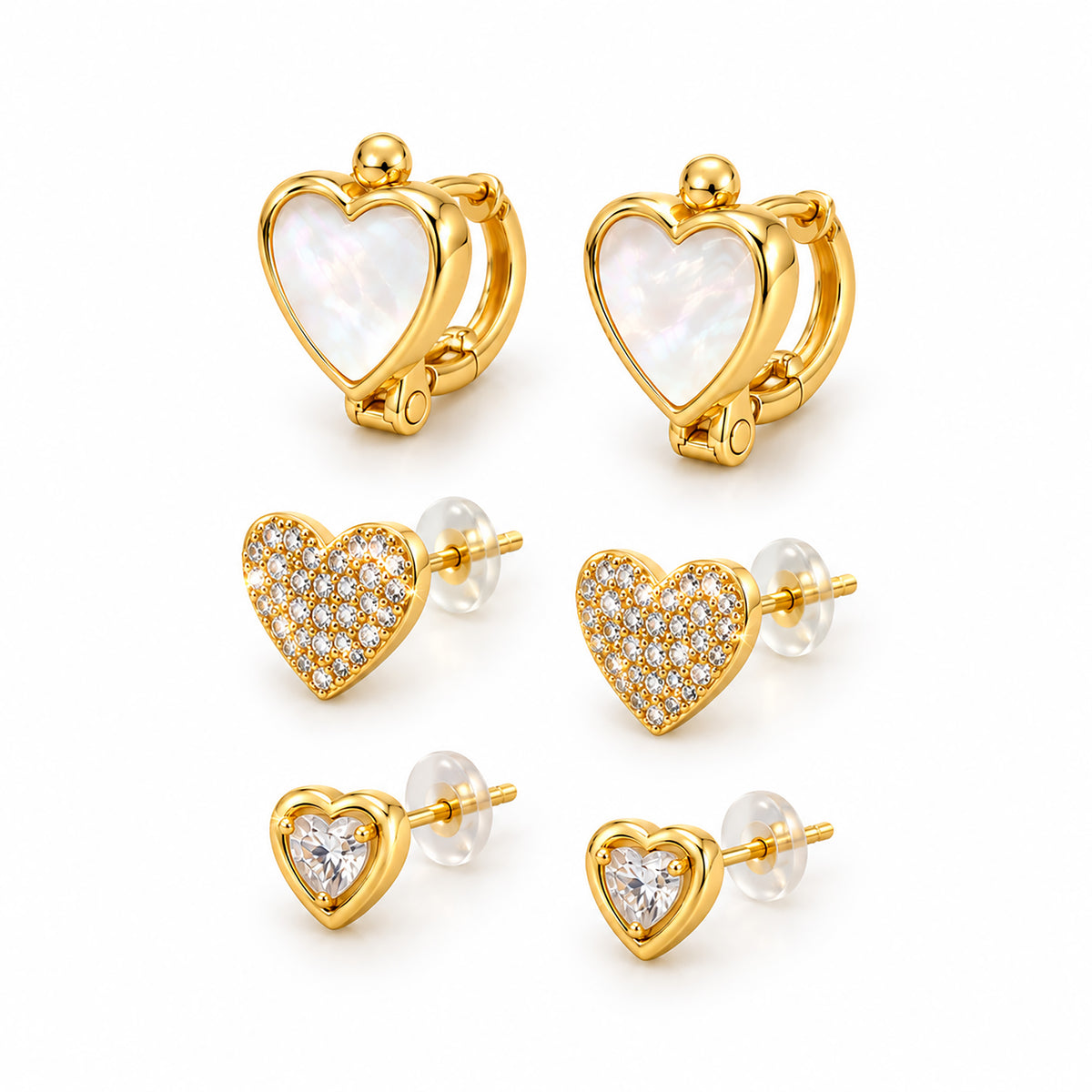 Moon Dust Gold Plated CZ  Heart Earring Stack Stud Combo of 3 for Women (MD_105_G)