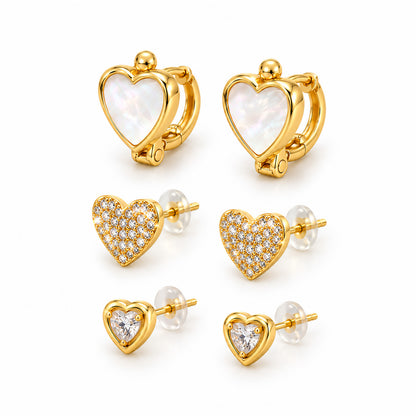 Moon Dust Gold Plated CZ  Heart Earring Stack Stud Combo of 3 for Women (MD_105_G)