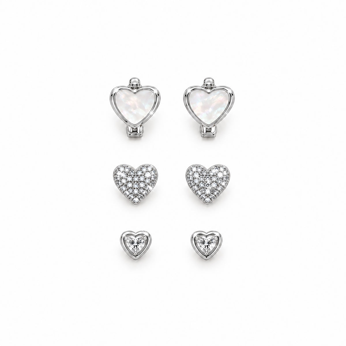 Moon Dust Rhodium Silver Plated CZ  Heart Earring Stack Stud Combo of 3 for Women (MD_105_S)
