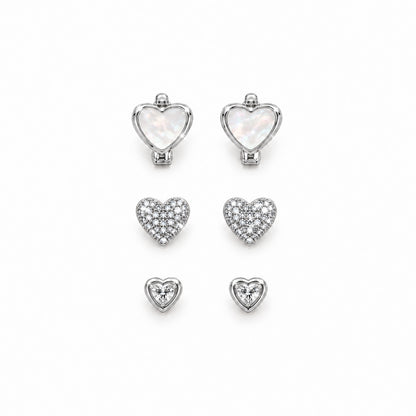 Moon Dust Rhodium Silver Plated CZ  Heart Earring Stack Stud Combo of 3 for Women (MD_105_S)