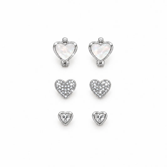 Moon Dust Rhodium Silver Plated CZ  Heart Earring Stack Stud Combo of 3 for Women (MD_105_S)