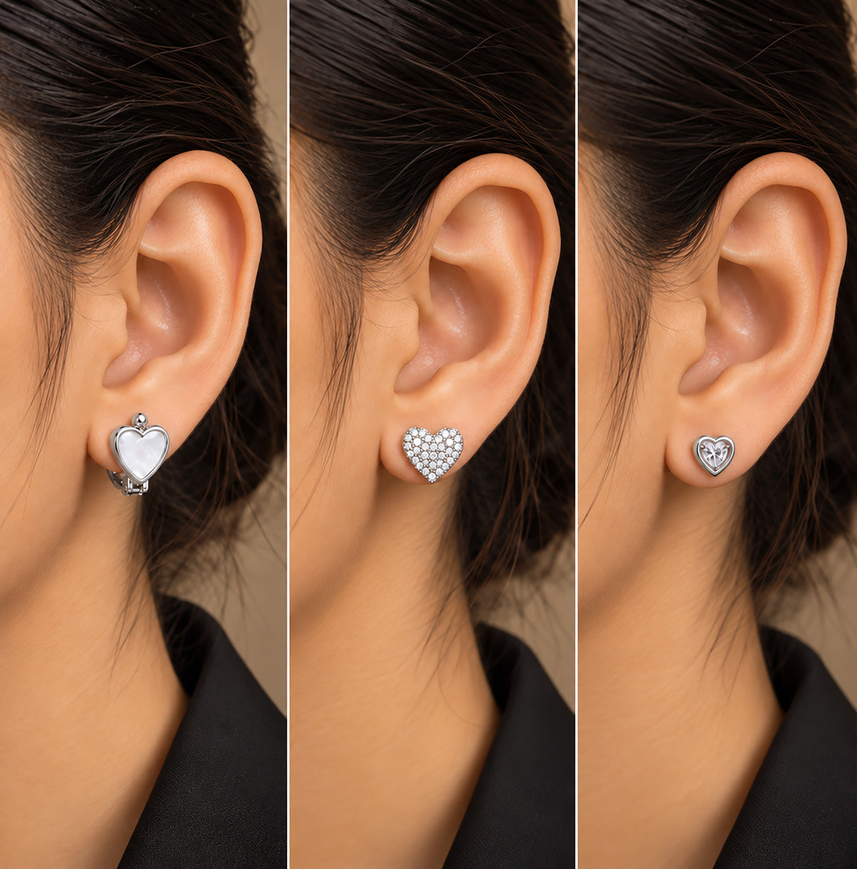 Moon Dust Rhodium Silver Plated CZ  Heart Earring Stack Stud Combo of 3 for Women (MD_105_S)