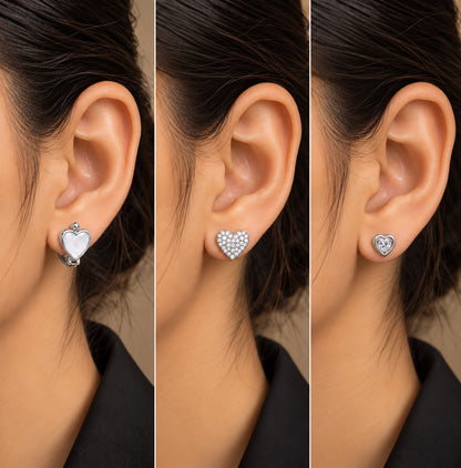 Moon Dust Rhodium Silver Plated CZ  Heart Earring Stack Stud Combo of 3 for Women (MD_105_S)
