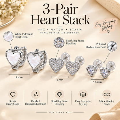 Moon Dust Rhodium Silver Plated CZ  Heart Earring Stack Stud Combo of 3 for Women (MD_105_S)