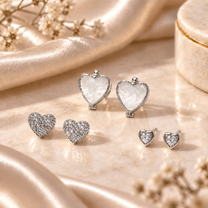 Moon Dust Rhodium Silver Plated CZ  Heart Earring Stack Stud Combo of 3 for Women (MD_105_S)