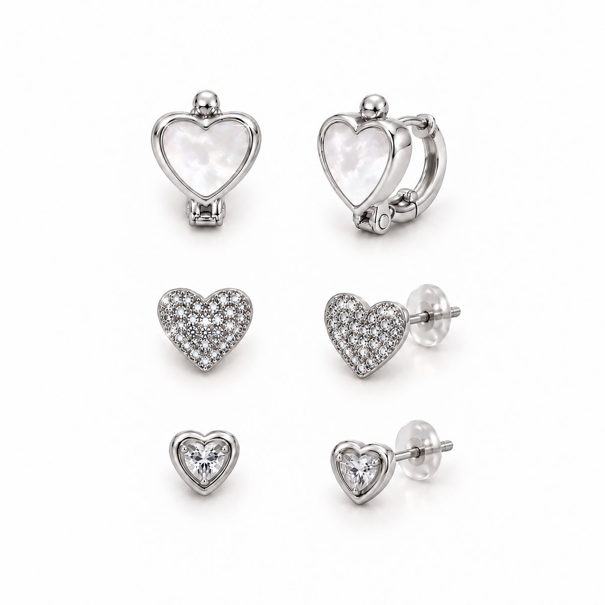 Moon Dust Rhodium Silver Plated CZ  Heart Earring Stack Stud Combo of 3 for Women (MD_105_S)