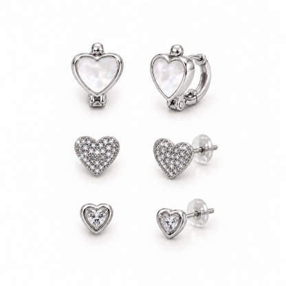 Moon Dust Rhodium Silver Plated CZ  Heart Earring Stack Stud Combo of 3 for Women (MD_105_S)
