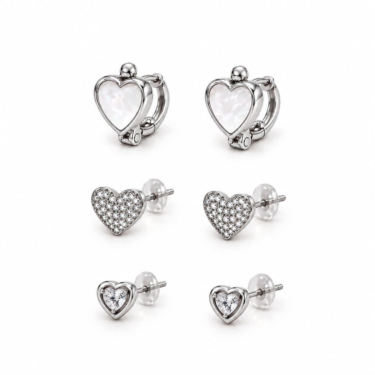 Moon Dust Rhodium Silver Plated CZ  Heart Earring Stack Stud Combo of 3 for Women (MD_105_S)
