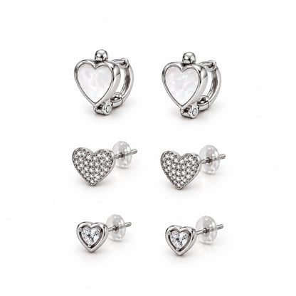 Moon Dust Rhodium Silver Plated CZ  Heart Earring Stack Stud Combo of 3 for Women (MD_105_S)