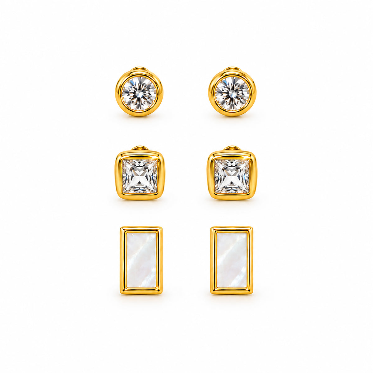 Moon Dust Gold Plated CZ  Rectangle Earring Stack Stud Combo of 3 for Women (MD_106_G)