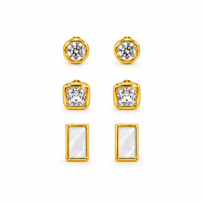 Moon Dust Gold Plated CZ  Rectangle Earring Stack Stud Combo of 3 for Women (MD_106_G)