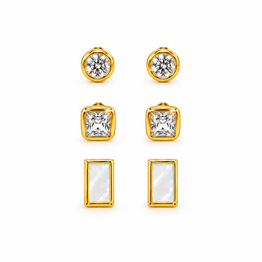 Moon Dust Gold Plated CZ  Rectangle Earring Stack Stud Combo of 3 for Women (MD_106_G)