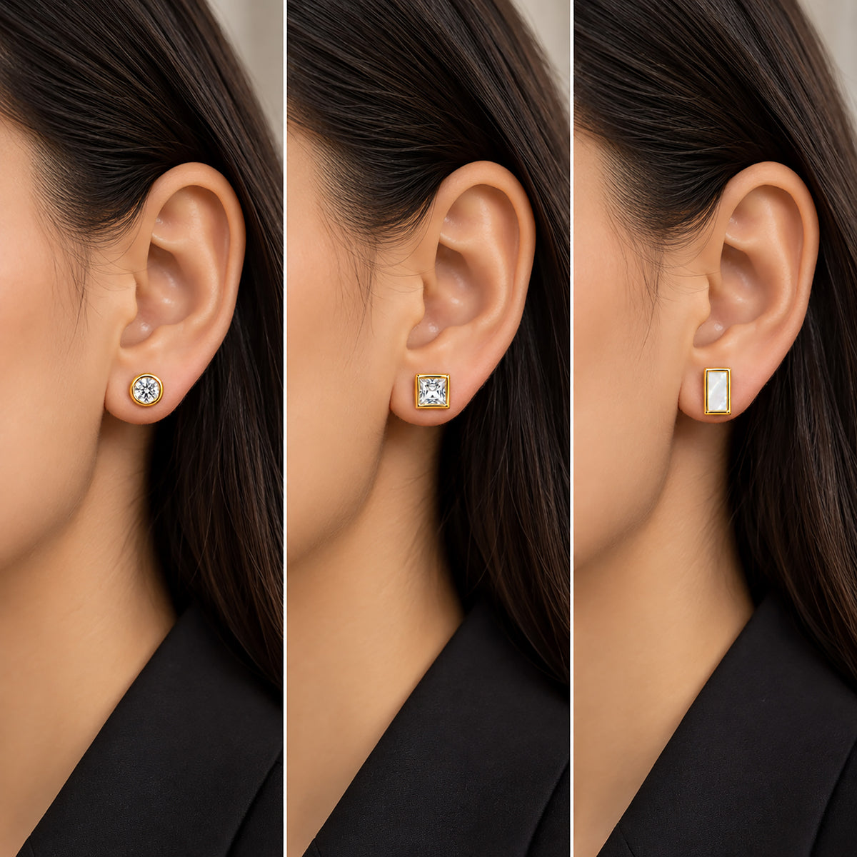 Moon Dust Gold Plated CZ  Rectangle Earring Stack Stud Combo of 3 for Women (MD_106_G)