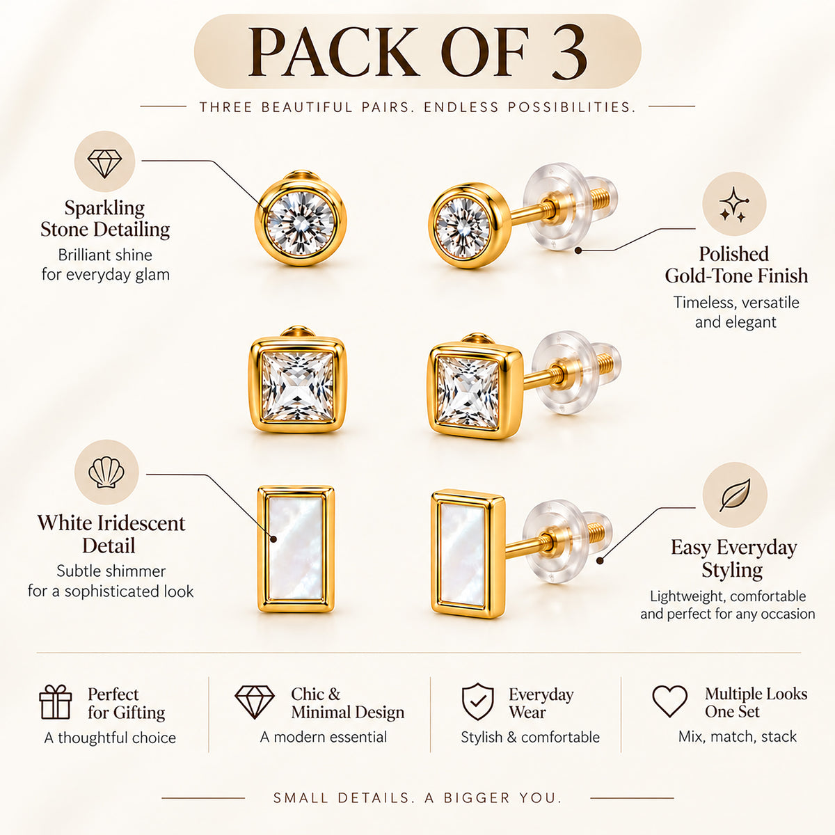 Moon Dust Gold Plated CZ  Rectangle Earring Stack Stud Combo of 3 for Women (MD_106_G)