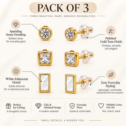 Moon Dust Gold Plated CZ  Rectangle Earring Stack Stud Combo of 3 for Women (MD_106_G)