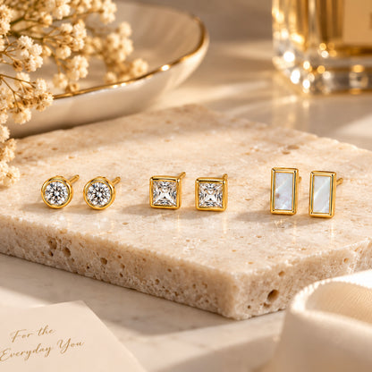 Moon Dust Gold Plated CZ  Rectangle Earring Stack Stud Combo of 3 for Women (MD_106_G)