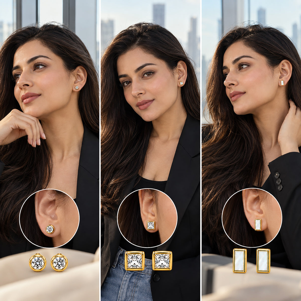 Moon Dust Gold Plated CZ  Rectangle Earring Stack Stud Combo of 3 for Women (MD_106_G)
