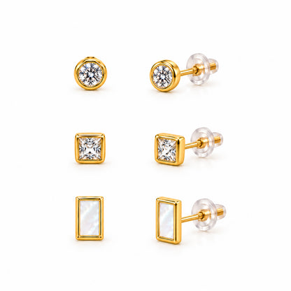 Moon Dust Gold Plated CZ  Rectangle Earring Stack Stud Combo of 3 for Women (MD_106_G)