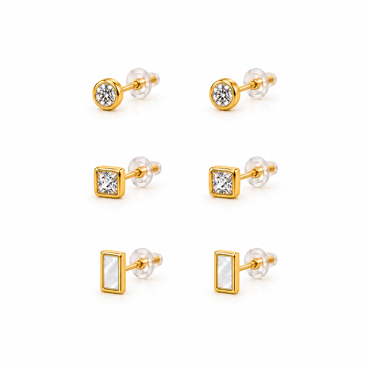 Moon Dust Gold Plated CZ  Rectangle Earring Stack Stud Combo of 3 for Women (MD_106_G)