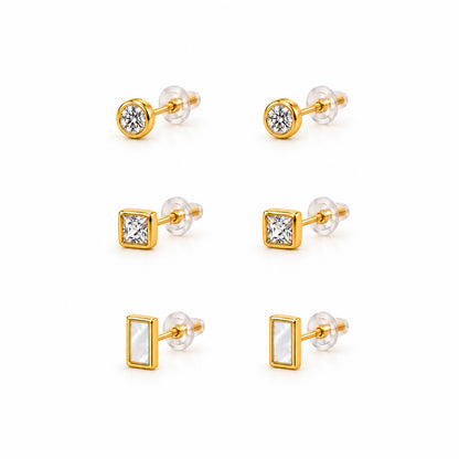 Moon Dust Gold Plated CZ  Rectangle Earring Stack Stud Combo of 3 for Women (MD_106_G)