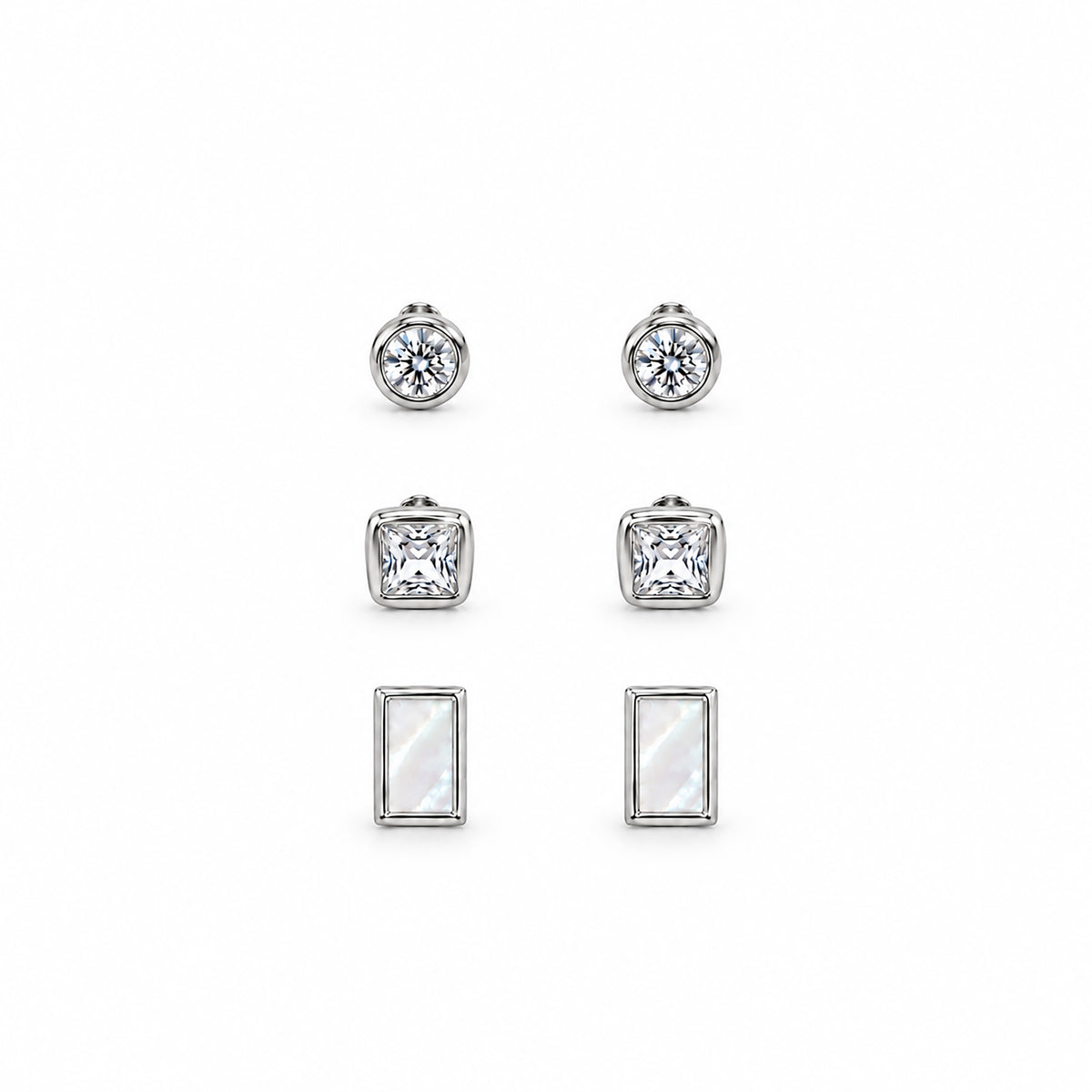 Moon Dust Rhodium Silver Plated CZ  Rectangle Earring Stack Stud Combo of 3 for Women (MD_106_S)