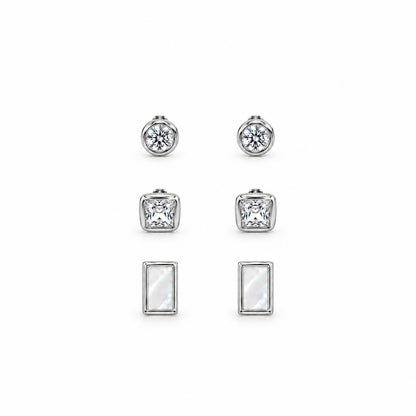 Moon Dust Rhodium Silver Plated CZ  Rectangle Earring Stack Stud Combo of 3 for Women (MD_106_S)
