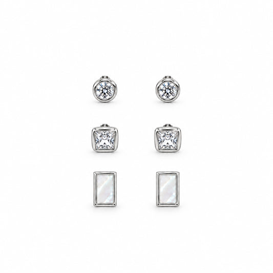 Moon Dust Rhodium Silver Plated CZ  Rectangle Earring Stack Stud Combo of 3 for Women (MD_106_S)