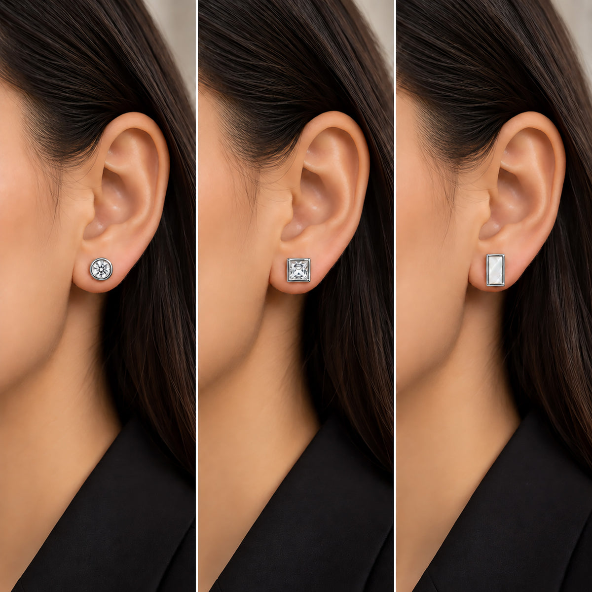 Moon Dust Rhodium Silver Plated CZ  Rectangle Earring Stack Stud Combo of 3 for Women (MD_106_S)