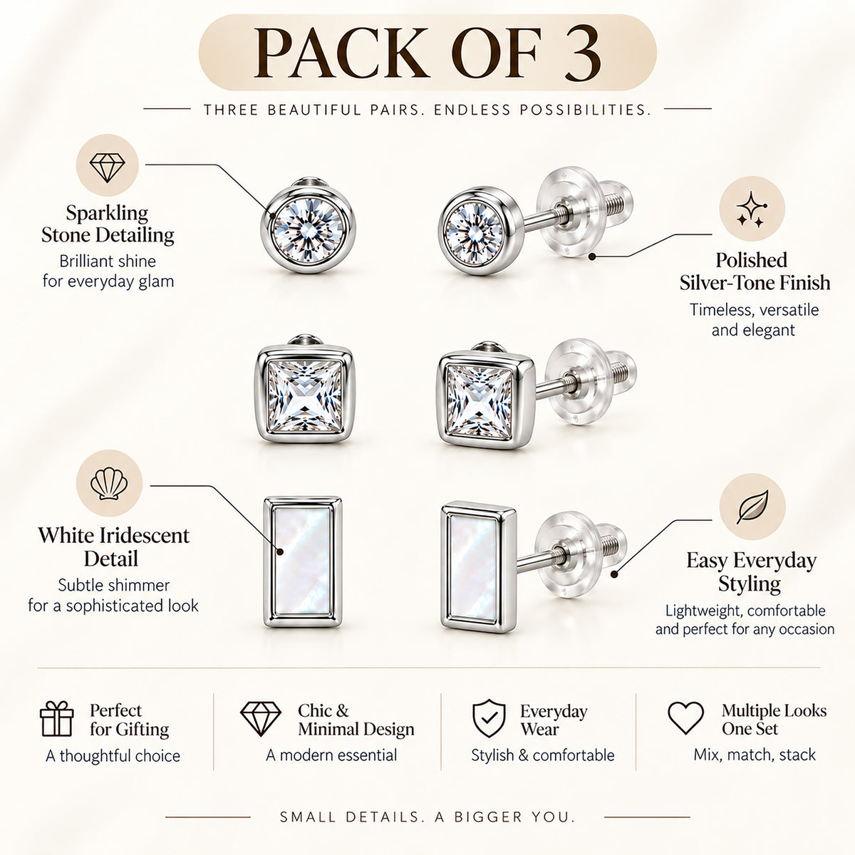 Moon Dust Rhodium Silver Plated CZ  Rectangle Earring Stack Stud Combo of 3 for Women (MD_106_S)
