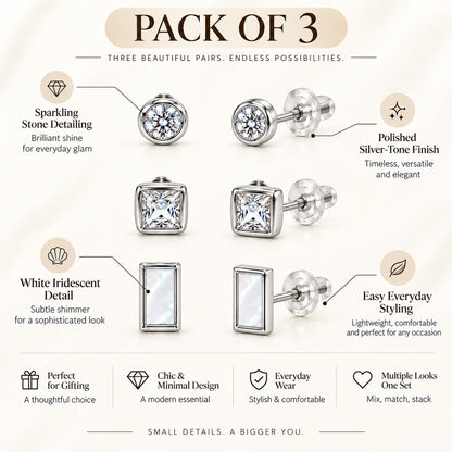 Moon Dust Rhodium Silver Plated CZ  Rectangle Earring Stack Stud Combo of 3 for Women (MD_106_S)