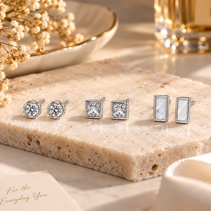 Moon Dust Rhodium Silver Plated CZ  Rectangle Earring Stack Stud Combo of 3 for Women (MD_106_S)