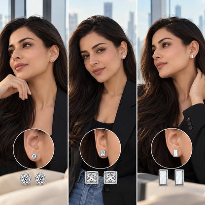 Moon Dust Rhodium Silver Plated CZ  Rectangle Earring Stack Stud Combo of 3 for Women (MD_106_S)
