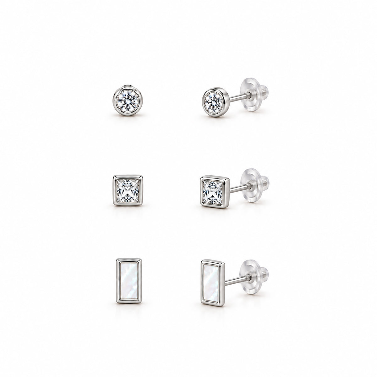 Moon Dust Rhodium Silver Plated CZ  Rectangle Earring Stack Stud Combo of 3 for Women (MD_106_S)