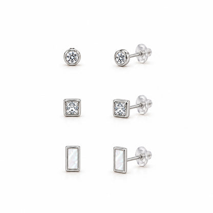 Moon Dust Rhodium Silver Plated CZ  Rectangle Earring Stack Stud Combo of 3 for Women (MD_106_S)