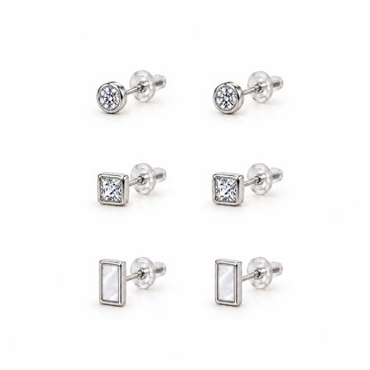 Moon Dust Rhodium Silver Plated CZ  Rectangle Earring Stack Stud Combo of 3 for Women (MD_106_S)
