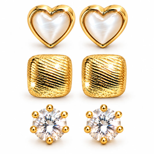 Moon Dust Gold Plated CZ Stud & Huggie Hoop Earring Stack Stud Combo of 3 for Women (MD_107_G)