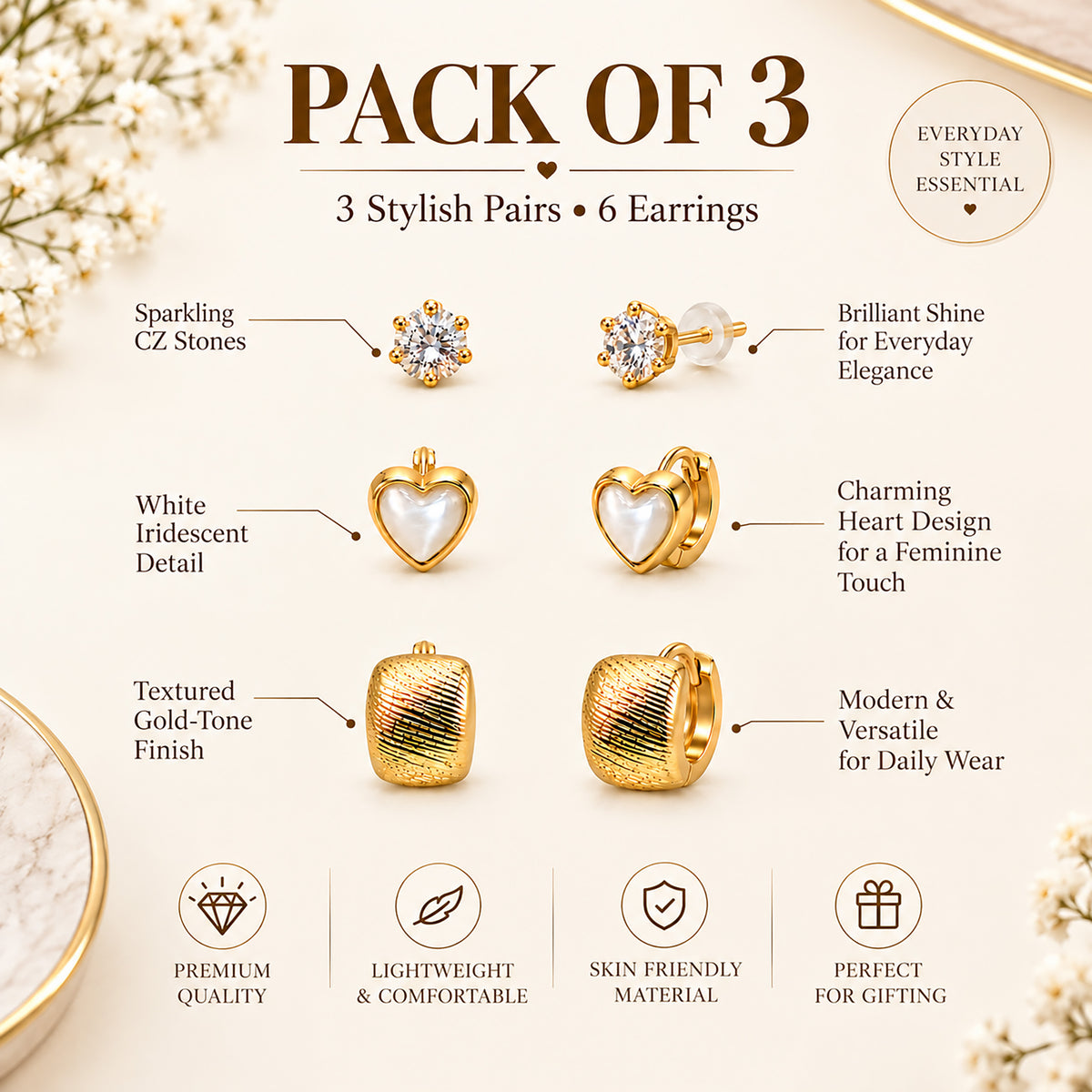 Moon Dust Gold Plated CZ Stud & Huggie Hoop Earring Stack Stud Combo of 3 for Women (MD_107_G)