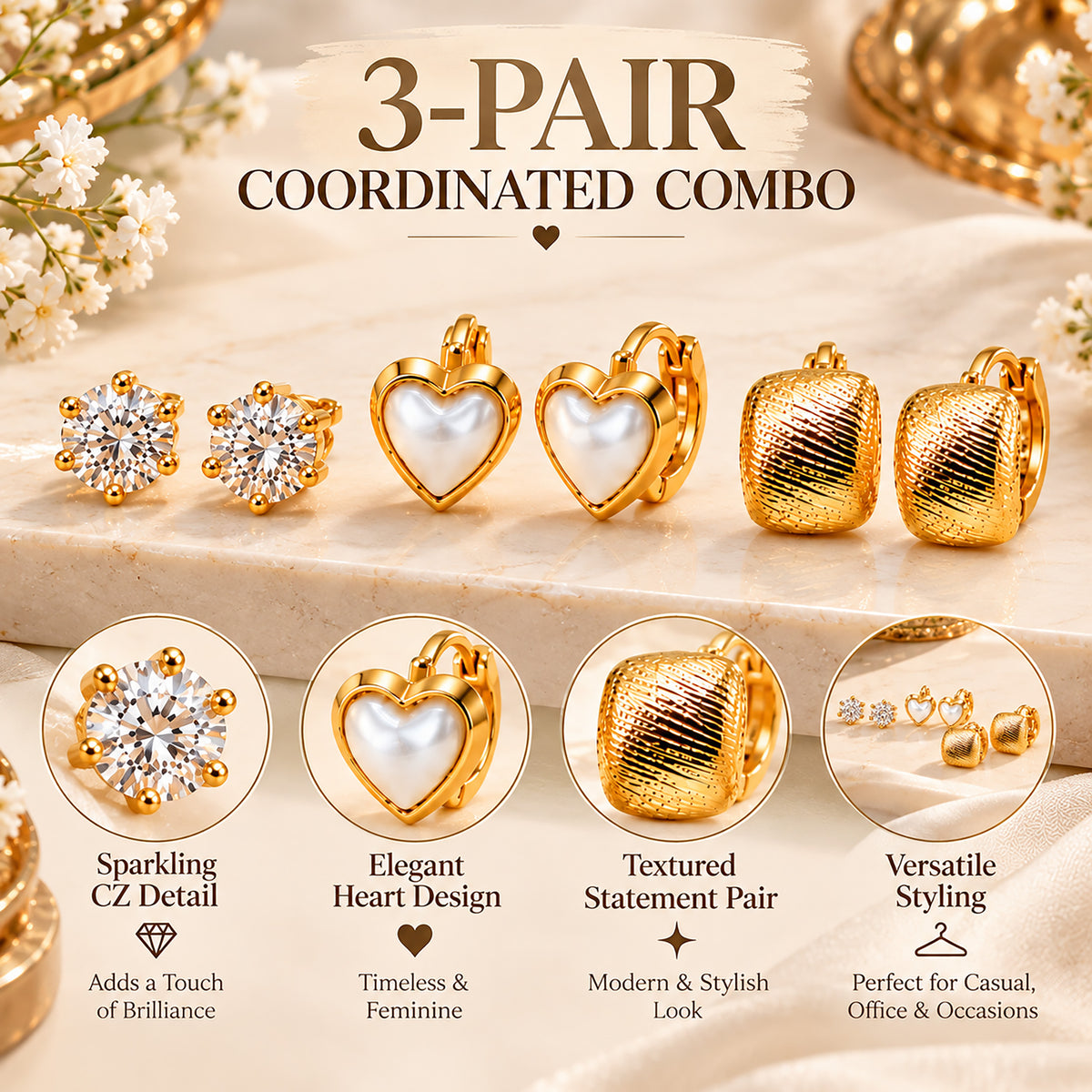 Moon Dust Gold Plated CZ Stud & Huggie Hoop Earring Stack Stud Combo of 3 for Women (MD_107_G)