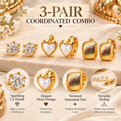 Moon Dust Gold Plated CZ Stud & Huggie Hoop Earring Stack Stud Combo of 3 for Women (MD_107_G)