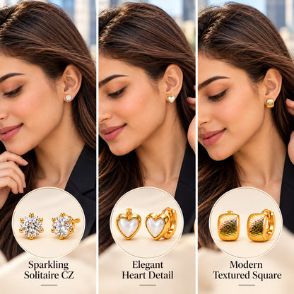 Moon Dust Gold Plated CZ Stud & Huggie Hoop Earring Stack Stud Combo of 3 for Women (MD_107_G)