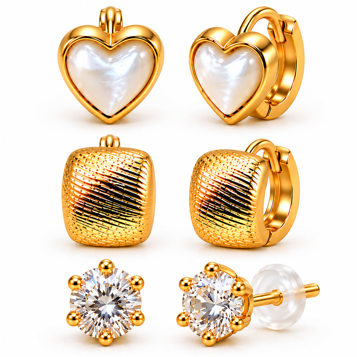 Moon Dust Gold Plated CZ Stud & Huggie Hoop Earring Stack Stud Combo of 3 for Women (MD_107_G)